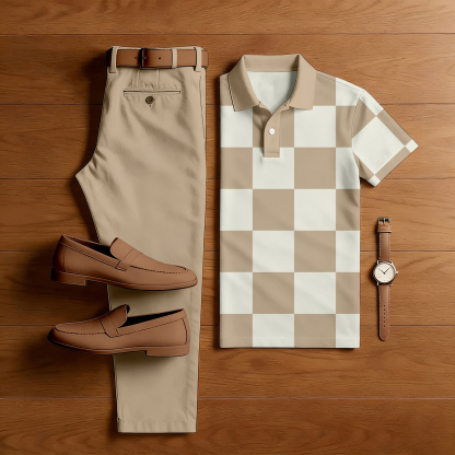 Men's Casual Tan & Beige Color Matching Chekered Printed Short Sleeved Polo Shirt & Trousers Two-Piece Set