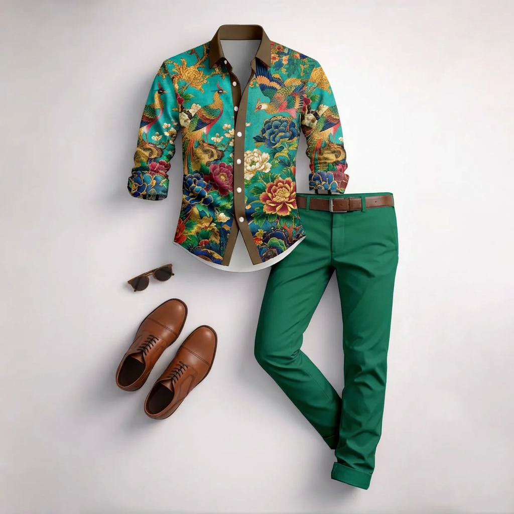 Men's Casual Green Animal Print Long-Sleeved Shirt And Trousers Two-Piece Set