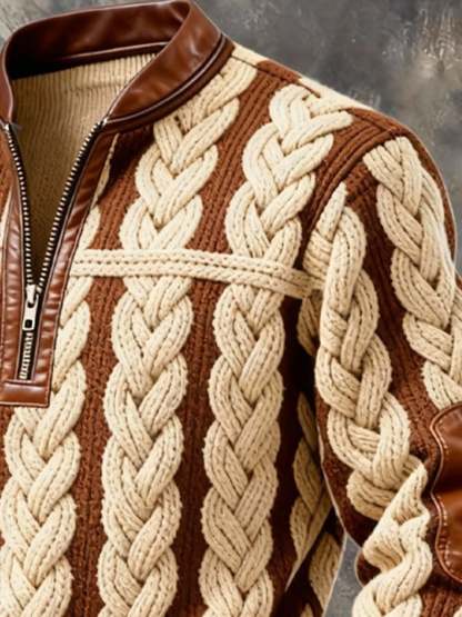 Men's Retro Color Block Print Zipper Sweatshirt