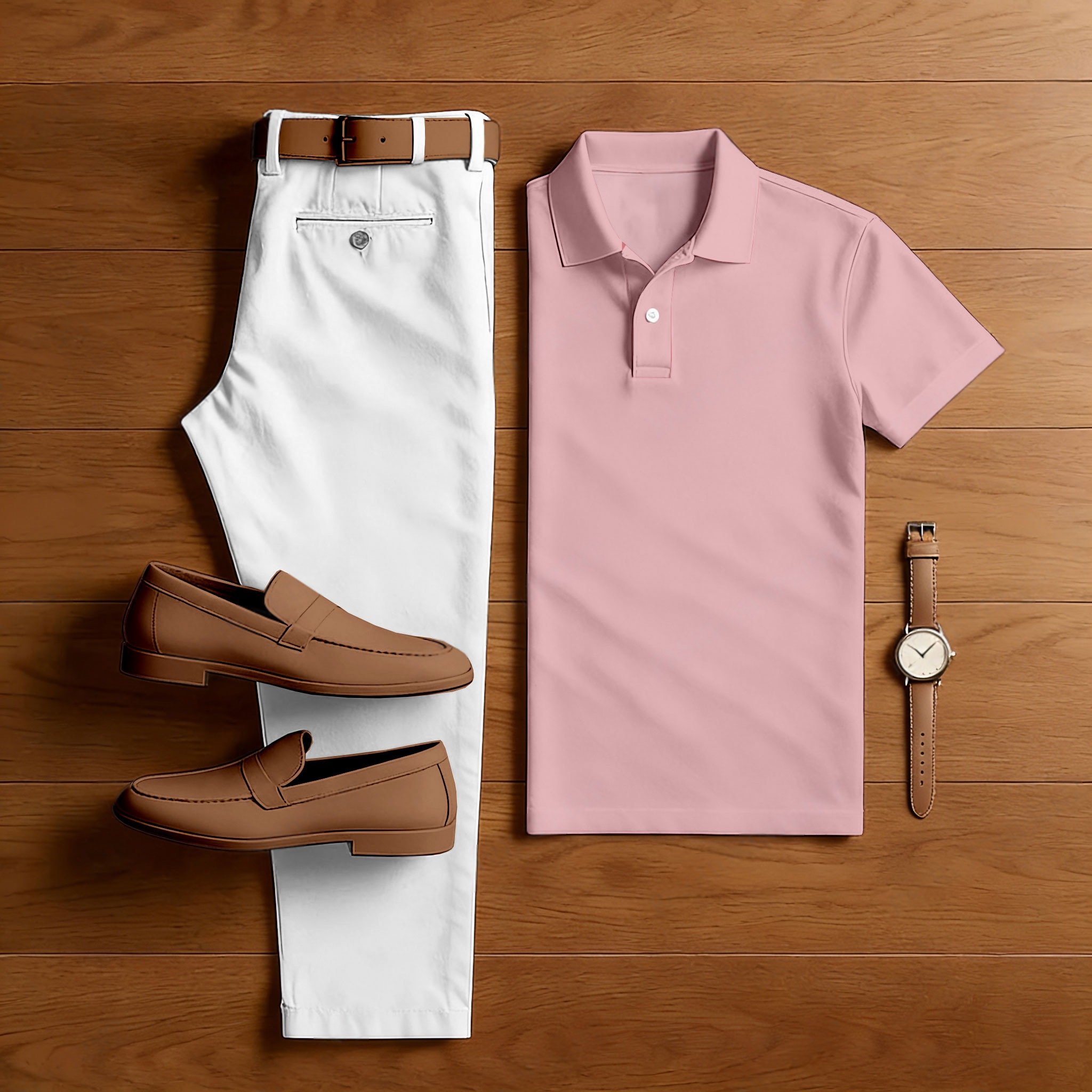 Men's Casual Pink & White Short Sleeved Polo Shirt & Trousers Two-Piece Set