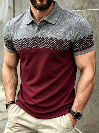 Men's Classic Business Check Logo Button Short Sleeve Polo Shirt