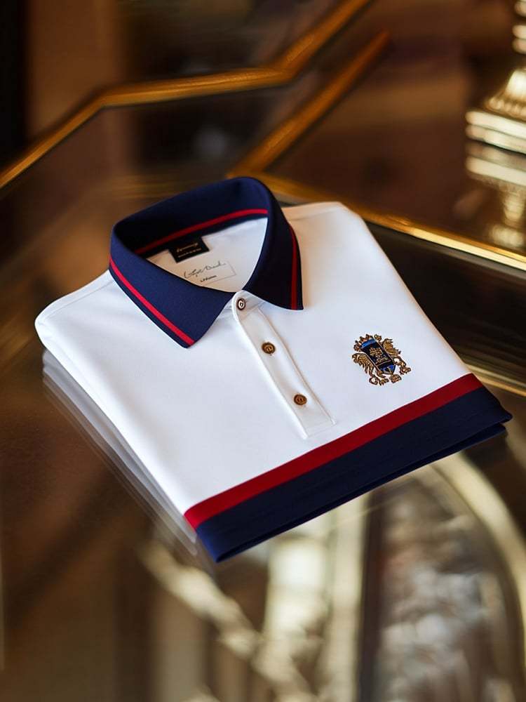 Men's Classic Business Check Logo Button Short Sleeve Polo Shirt