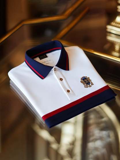 Men's Classic Business Check Logo Button Short Sleeve Polo Shirt