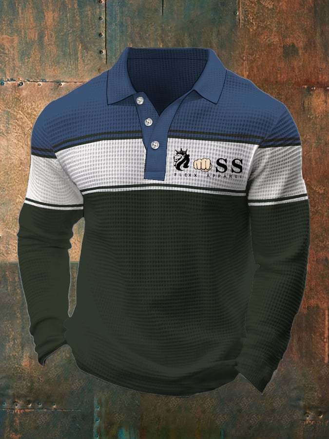 Men's Retro Letter Design Waffle Fabric Long Sleeve Polo Shirt