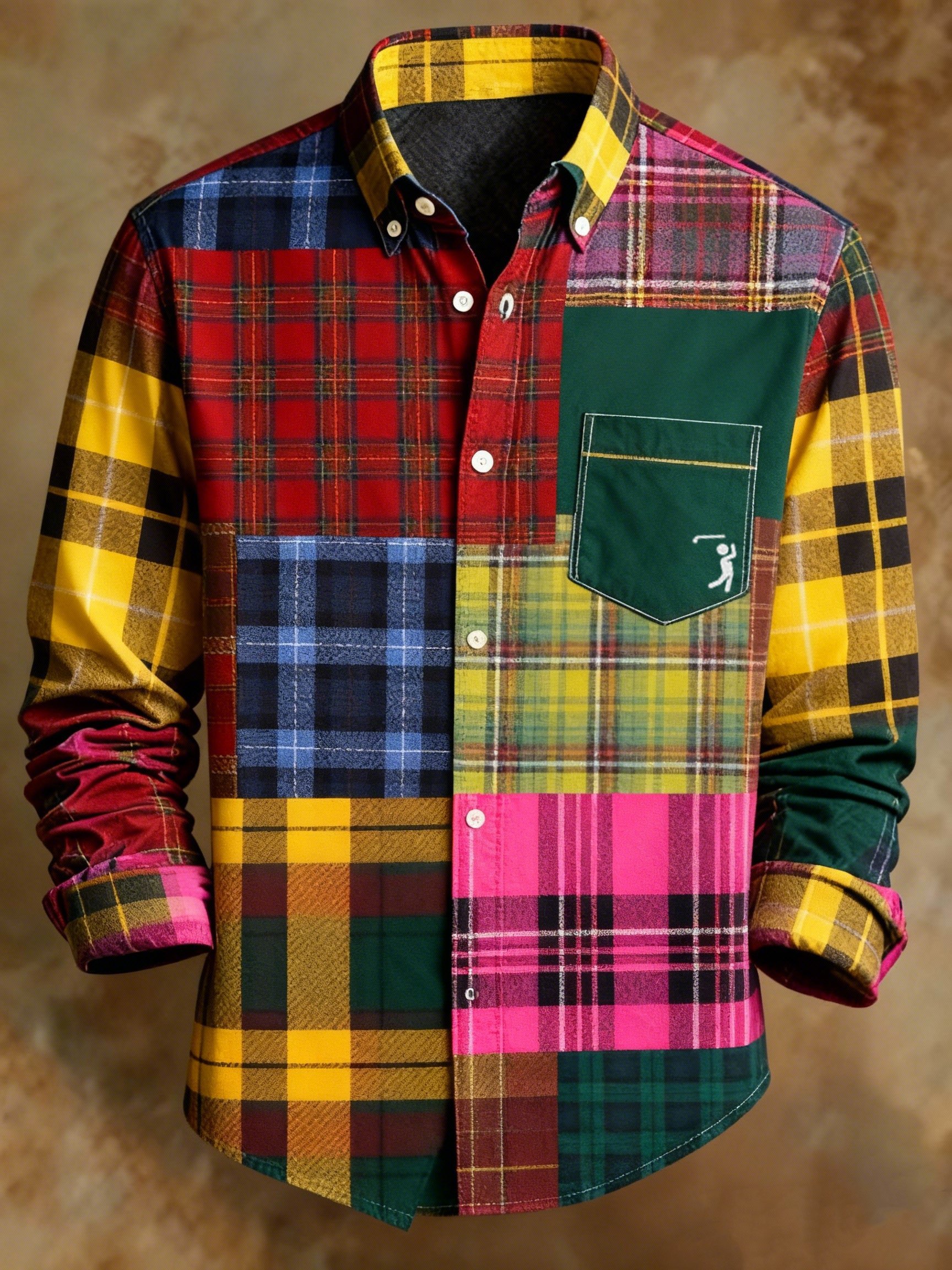 Men's Retro Patchwork Plaid Pattern Print Shirt