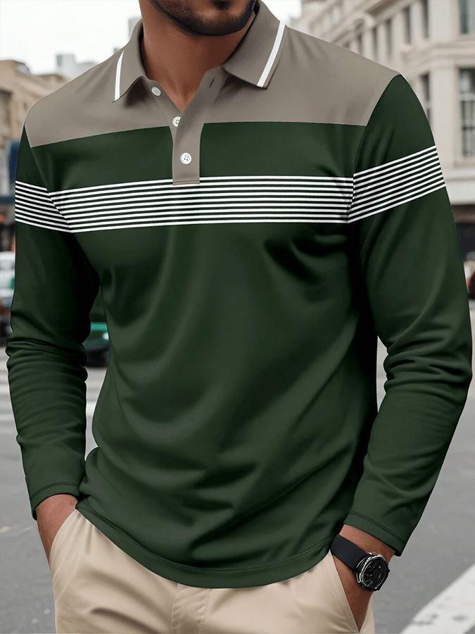 Men's Striped Business Casual Long Sleeve Polo Shirt