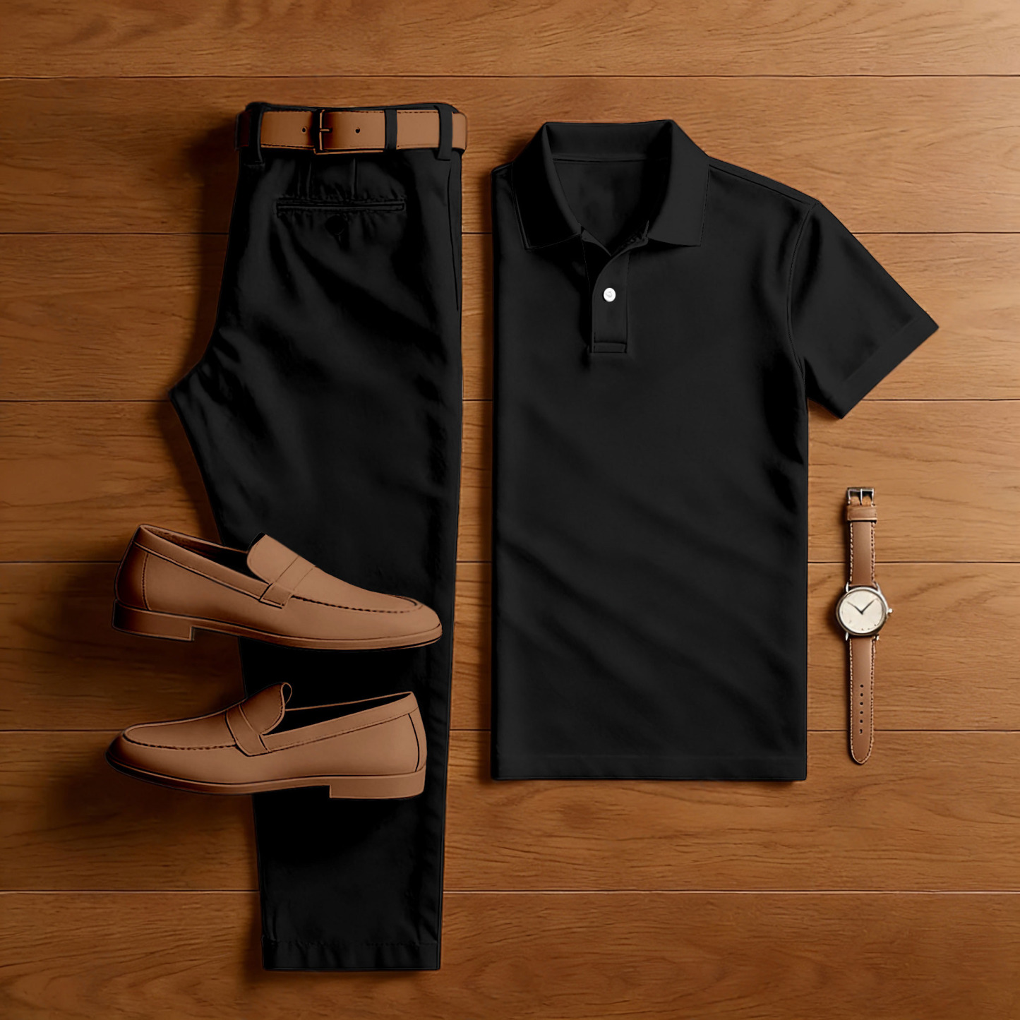 Men's Casual Black Short Sleeved Polo Shirt & Trousers Two-Piece Set