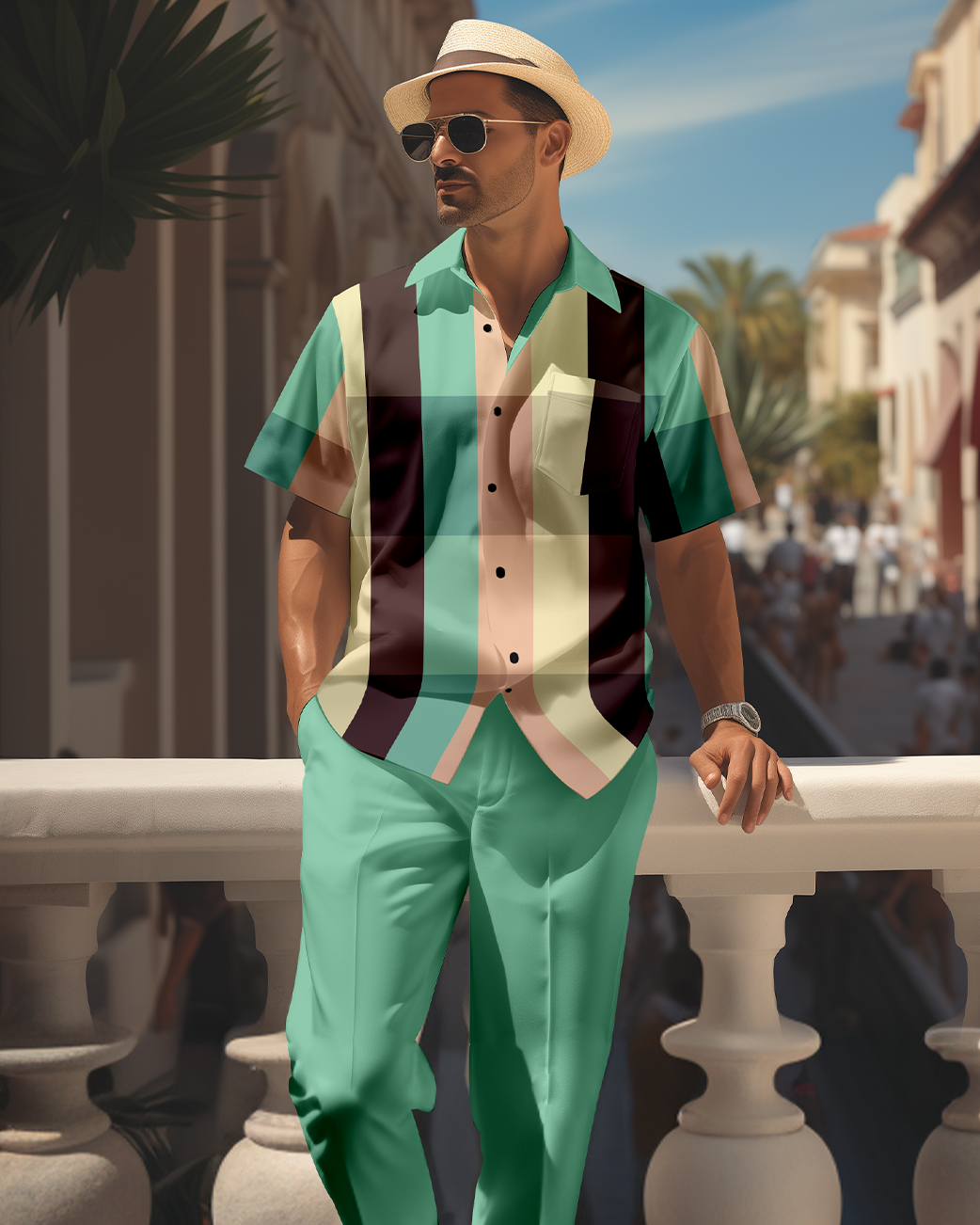 Men's retro colorblock short-sleeved shirt walking Suit 1699