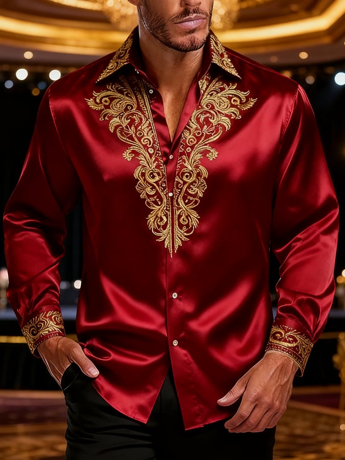 Men's Fashionable Business Luxury Contrasting Color Design Printed Long-Sleeved Shirt