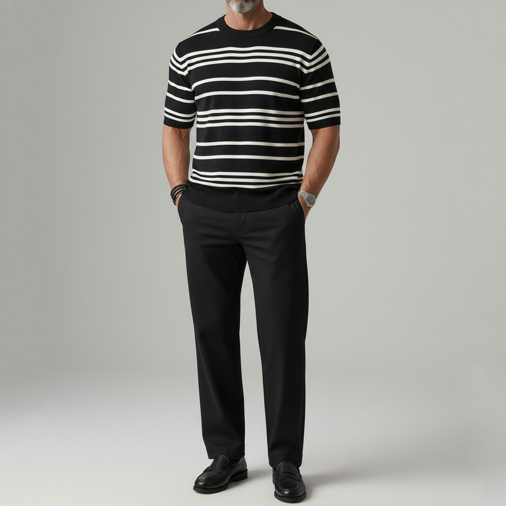 Men's Apricot Casual Striped Pattern Crew Neck Knitted Short Sleeve T-Shirt