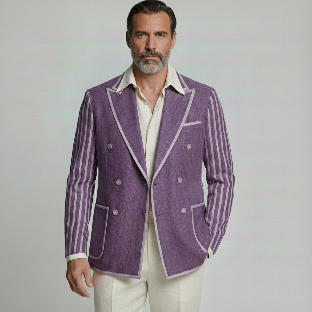 Men's Business Casual Purple Contrast Binding Peak Lapel Double Breasted Striped Long Sleeve Blazer