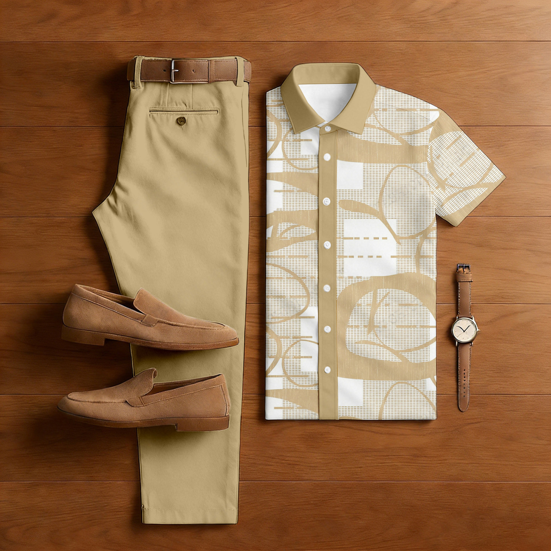 Men's Casual Tan & White Color Matching Art Printed Short Sleeved Shirt & Trousers Two-Piece Set