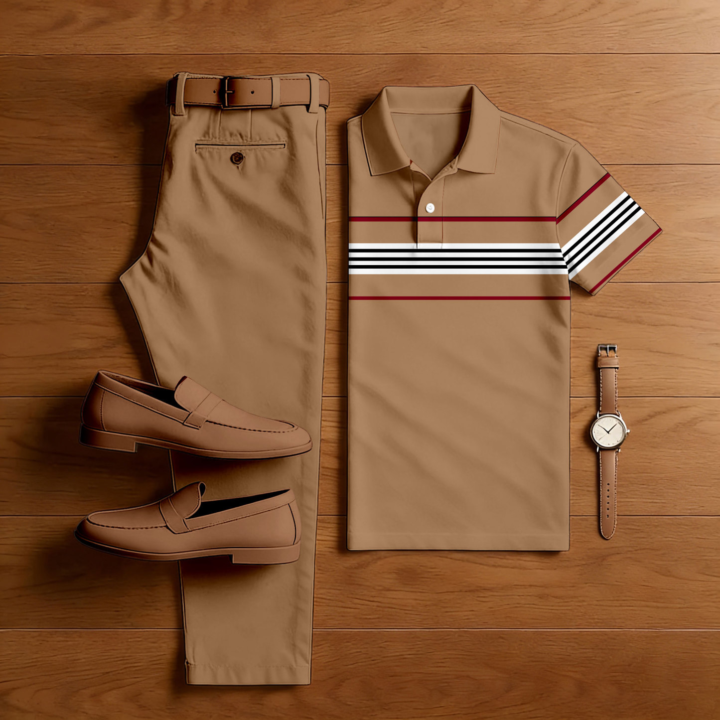 Men's Casual Tan Color Matching Striped Printed Short Sleeved Polo Shirt & Trousers Two-Piece Set