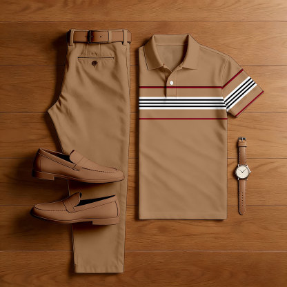 Men's Casual Tan Color Matching Striped Printed Short Sleeved Polo Shirt & Trousers Two-Piece Set
