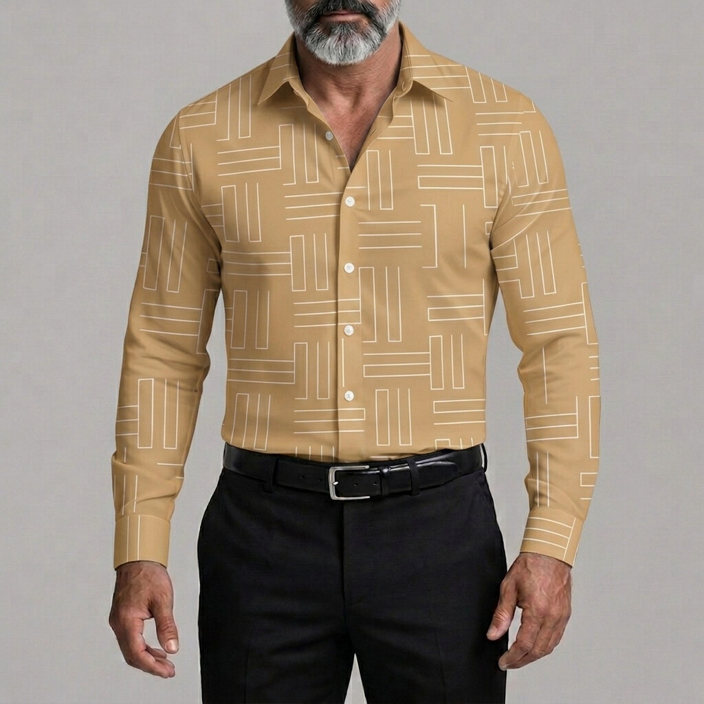 Men's Fashion Geometric Lines Print Button Up Business Casual Shirt