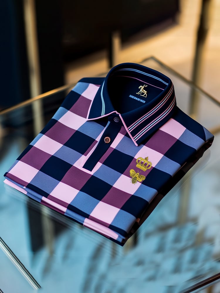 Men's Classic Business Check Button Short Sleeve Polo Shirt