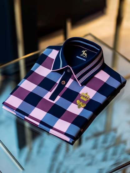 Men's Classic Business Check Button Short Sleeve Polo Shirt