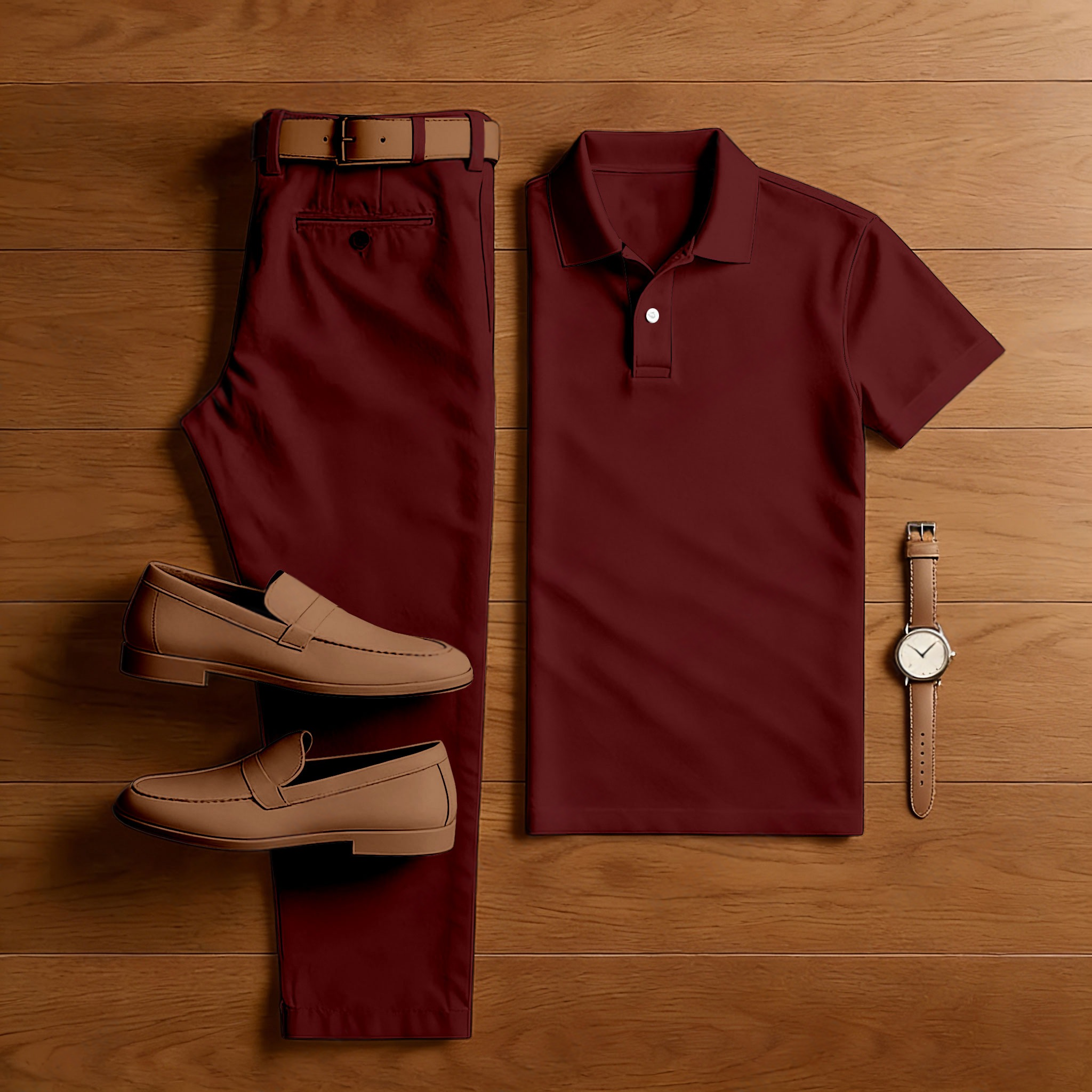 Men's Casual Burgundy Short Sleeved Polo Shirt & Trousers Two-Piece Set