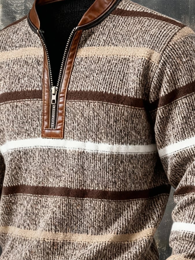 Men'S Casual Retro Contrast Color Half Zip Stand Collar Long Sleeve Sweatshirt