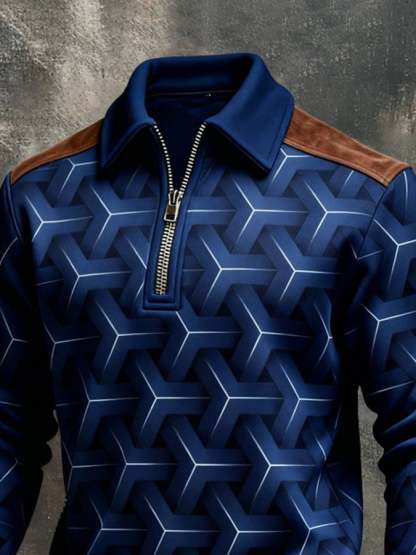 Men's Retro Color Block Print Color-Blocked Zip-Up Sweatshirt