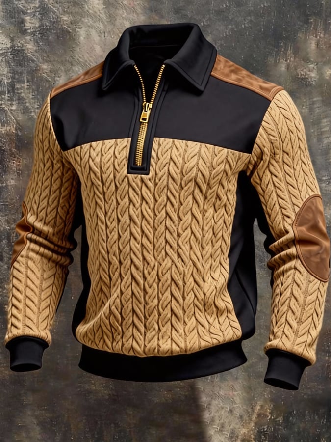 Men's Retro Jacquard Textured Patchwork Comfortable Color-Blocked Zip-Up Sweatshirt