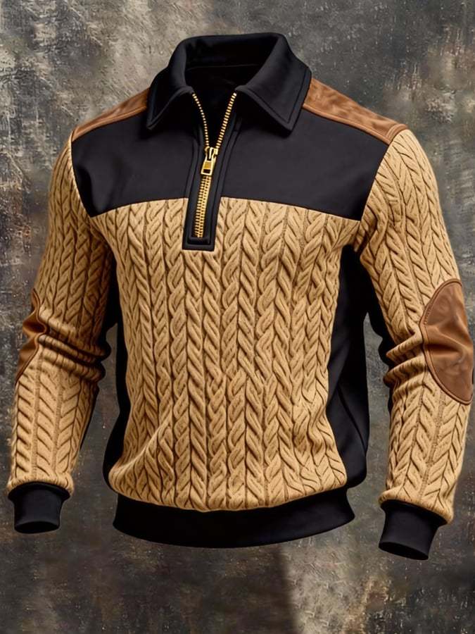 Men's Retro Jacquard Textured Patchwork Comfortable Color-Blocked Zip-Up Sweatshirt