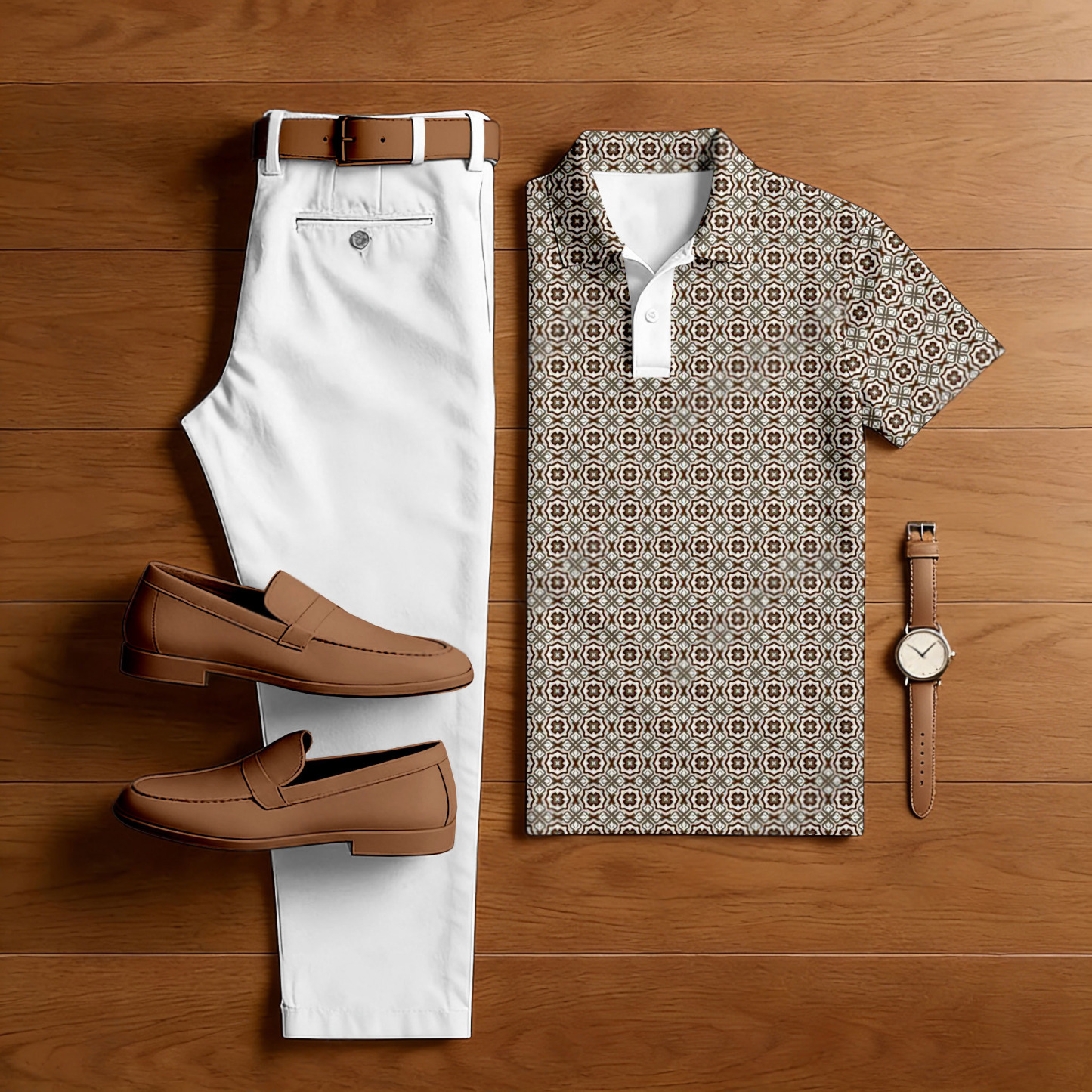 Men's Casual Brown & White Color Matching Retro Style Checkered Printed Short Sleeved Polo Shirt & Trousers Two-Piece Set