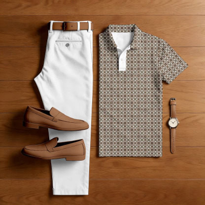 Men's Casual Brown & White Color Matching Retro Style Checkered Printed Short Sleeved Polo Shirt & Trousers Two-Piece Set