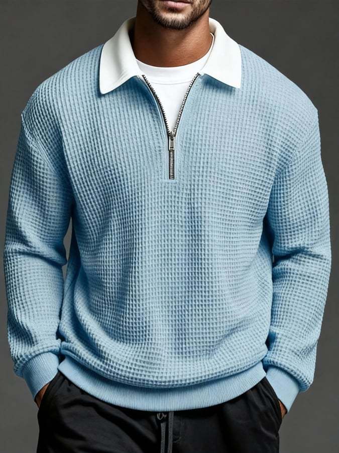 Men'S Vintage Waffle-Knit Casual Outdoor Long-Sleeved Polo Shirt