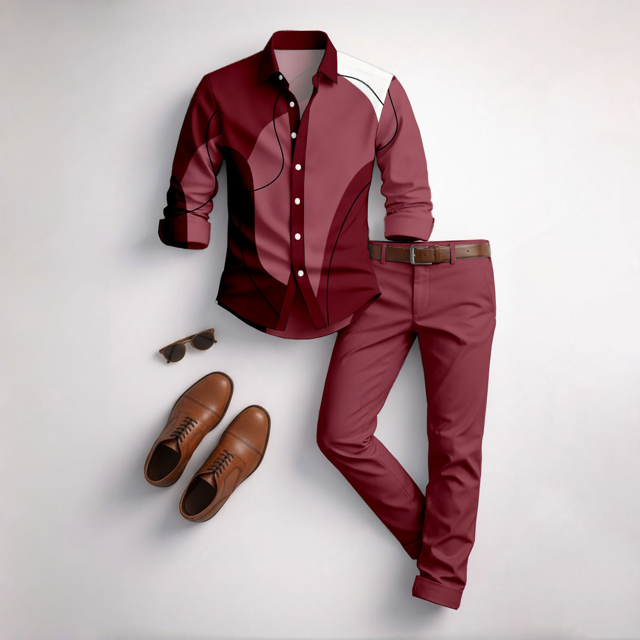 Men's Casual Claret Color Matching Geometric Printed Long Sleeved Shirt & Trousers Two-Piece Set