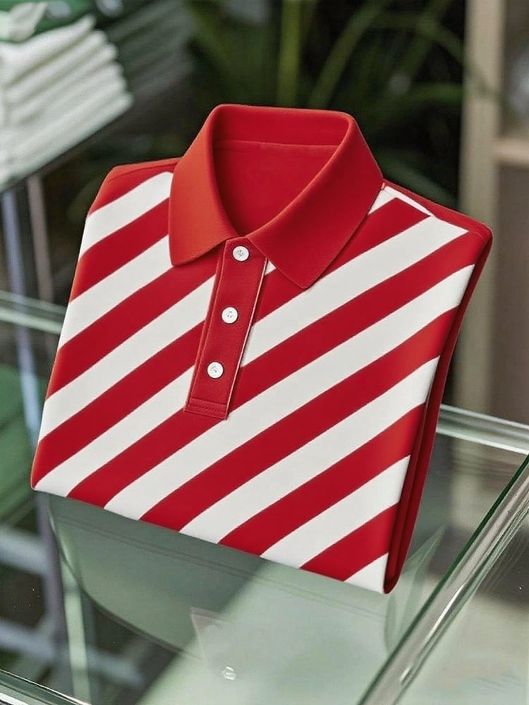 Men's Business Casual Striped Logo Button Short Sleeve Polo Shirt