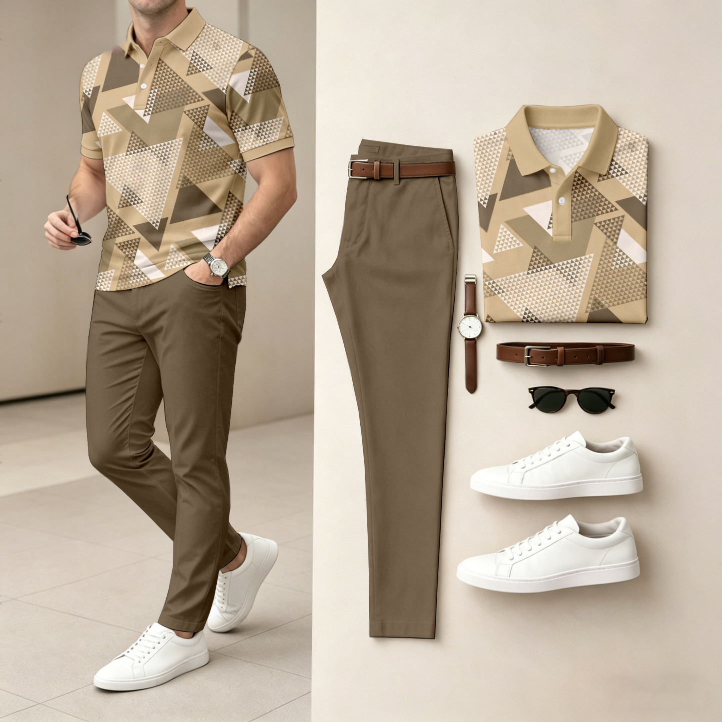 Men's Casual Khaki Geometry Printed Polo Shirt And Pants Two-Piece Set