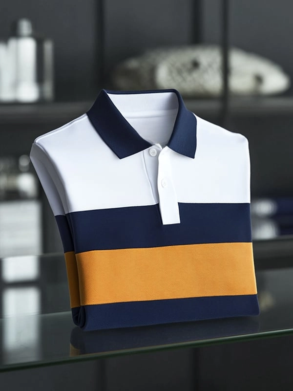 Men's Business Casual Plaid Logo Button Short Sleeve Polo Shirt