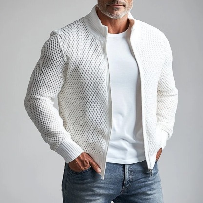 Men's Stand Collar Long Sleeve Hollow Out Knitted Zip Up Jacket