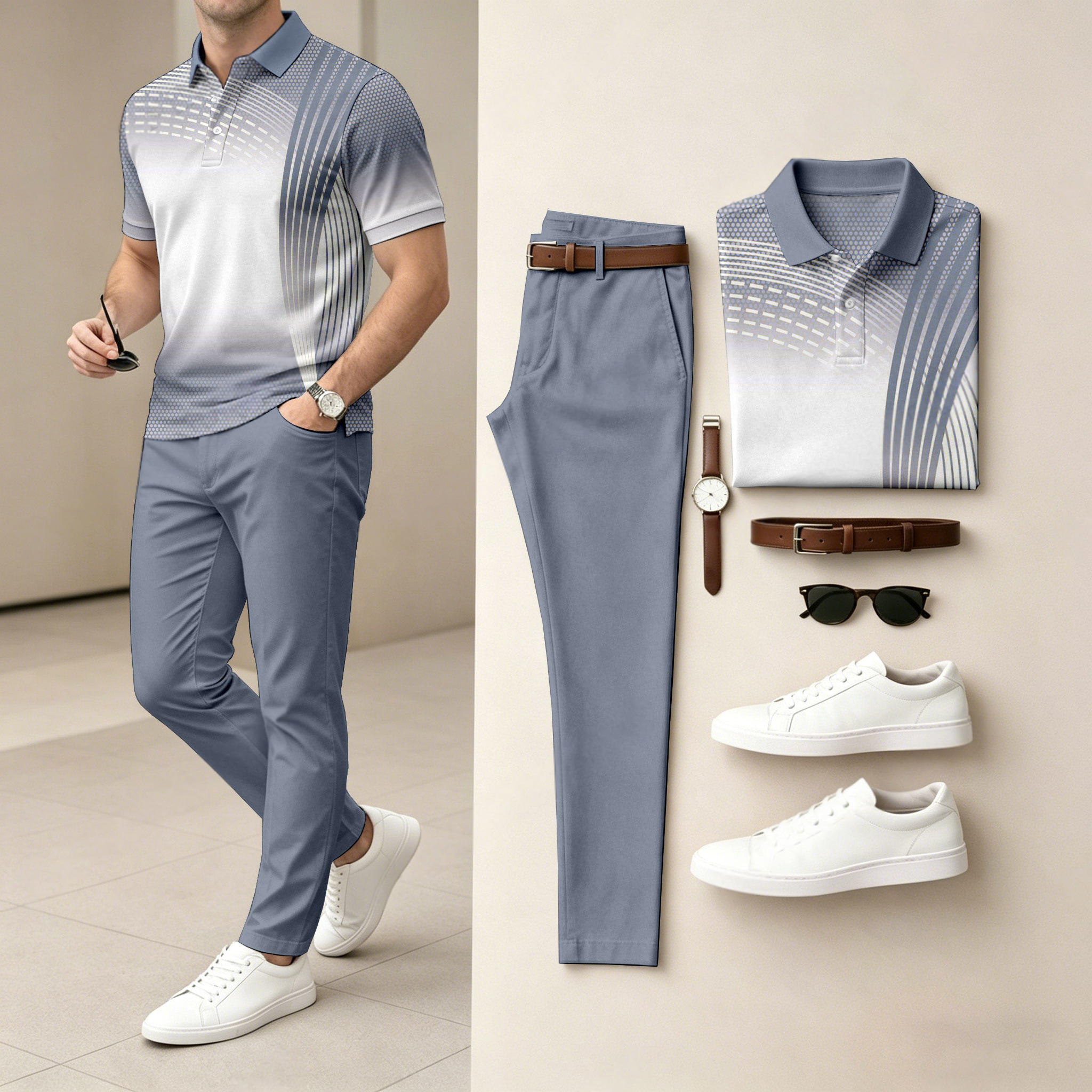 Men's Casual Printed Polo Shirt And Pants Two-Piece Set