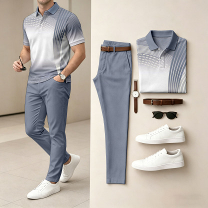Men's Casual Printed Polo Shirt And Pants Two-Piece Set