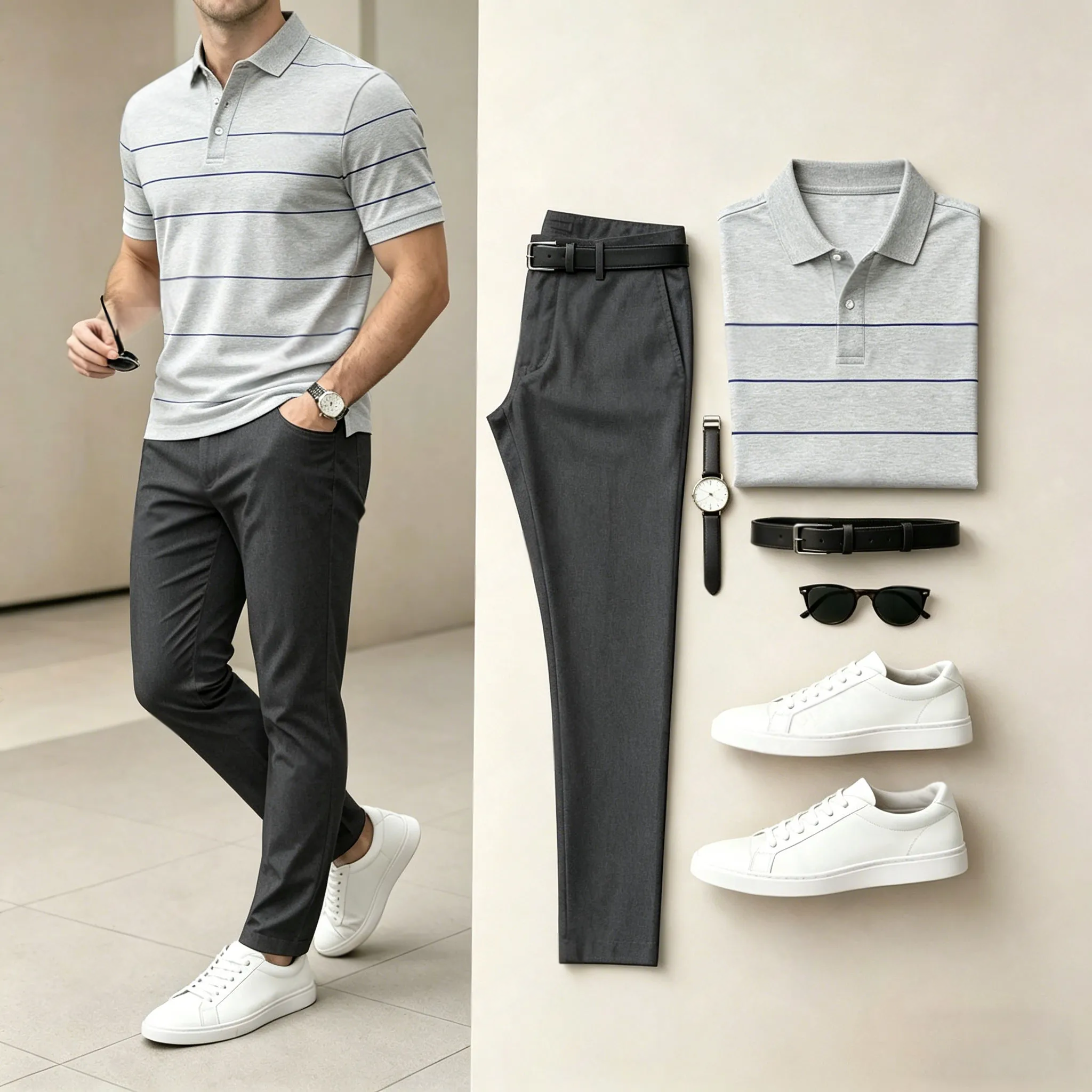 Men's Casual Grey Stripes Printed Polo Shirt And Pants Two-Piece Set