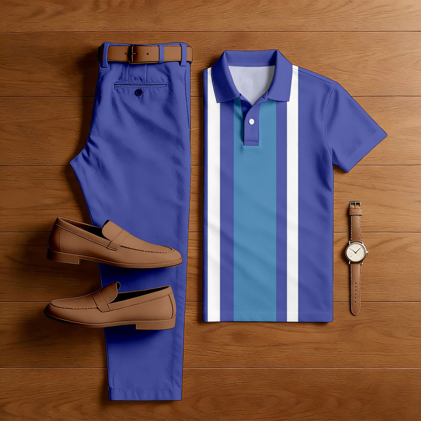 Men's Casual Purple & Blue Color Matching Striped Printed Short Sleeved Polo Shirt & Trousers Two-Piece Set
