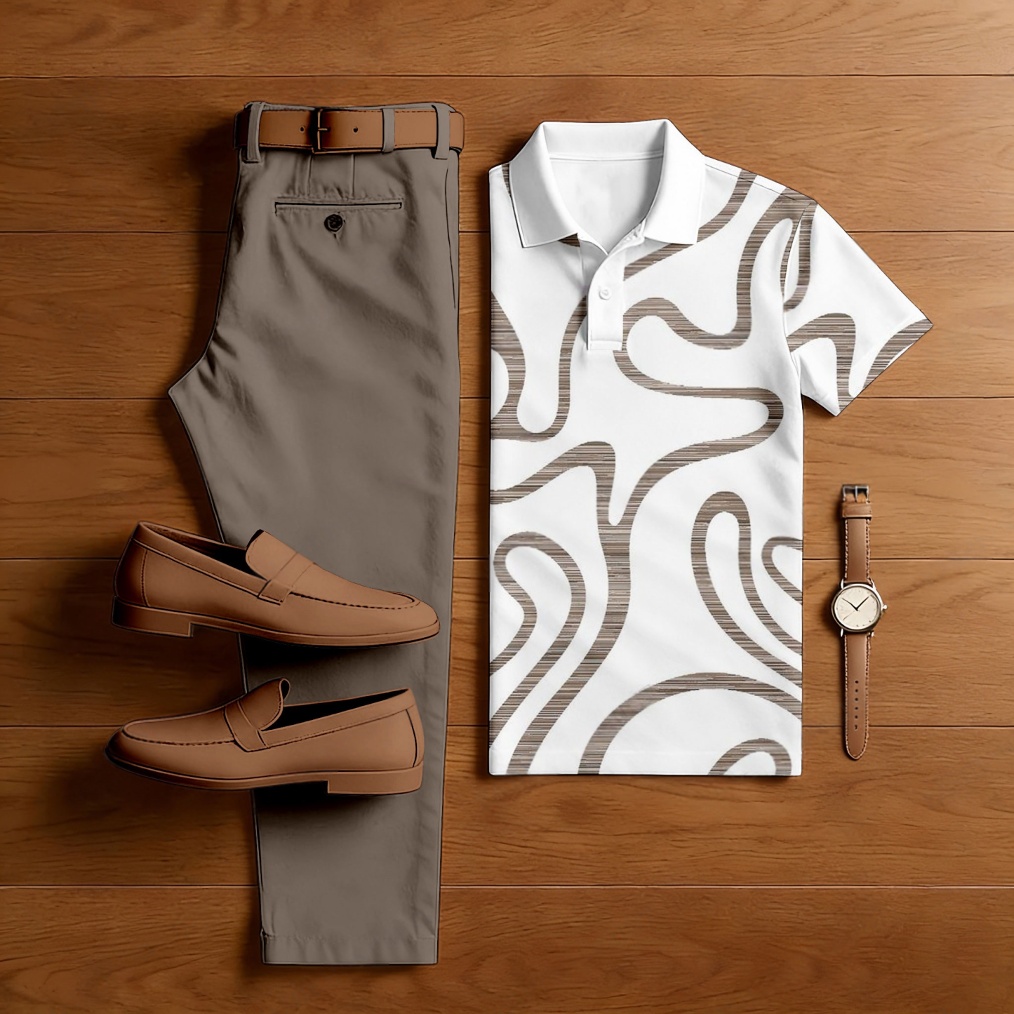 Men's Casual Brown & White Color Matching Printed Short Sleeved Polo Shirt & Trousers Two-Piece Set