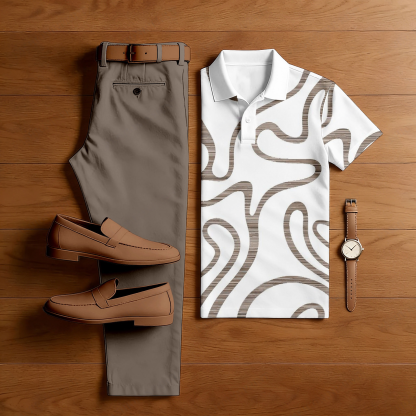 Men's Casual Brown & White Color Matching Printed Short Sleeved Polo Shirt & Trousers Two-Piece Set