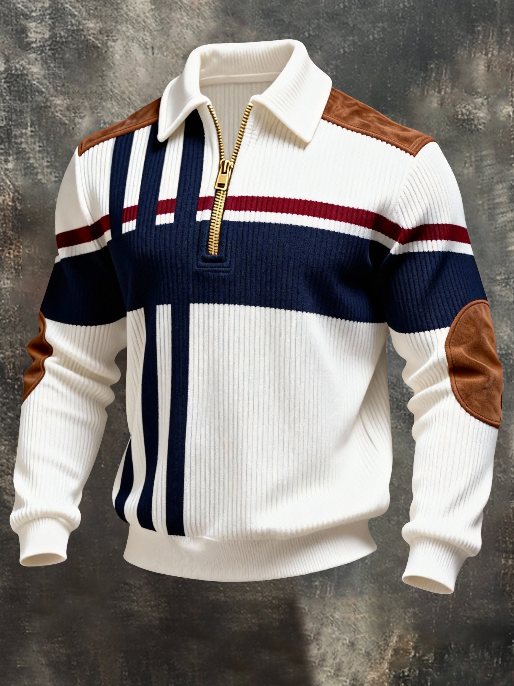 Men's Retro Color Block Print Zipper Sweatshirt