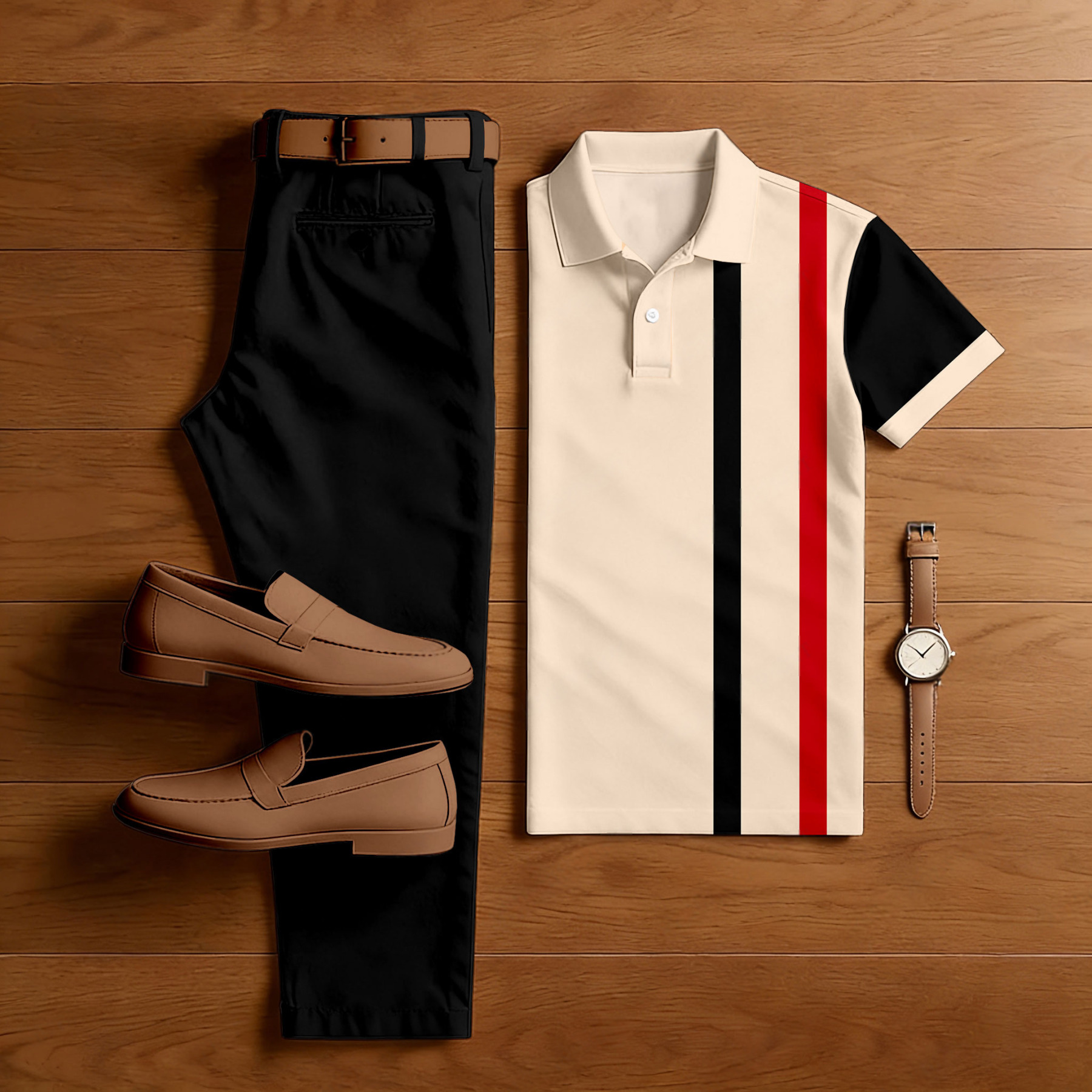 Men's Casual Khaki Stripes Printed Polo Shirt And Pants Two-Piece Set
