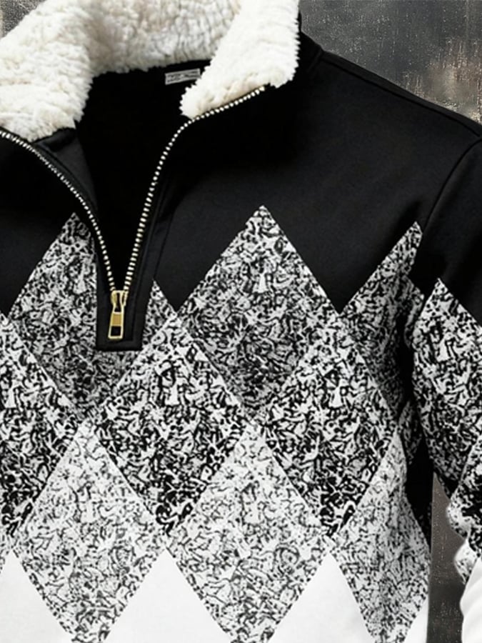 Men's Retro Color Block Print Fur Collar Sweatshirt
