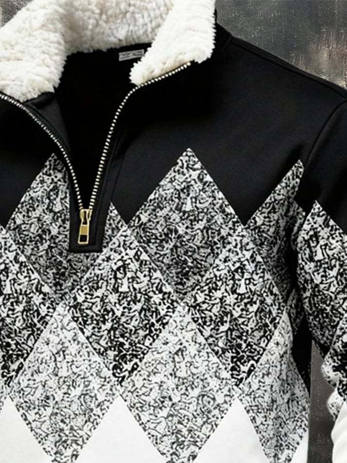 Men's Retro Color Block Print Fur Collar Sweatshirt