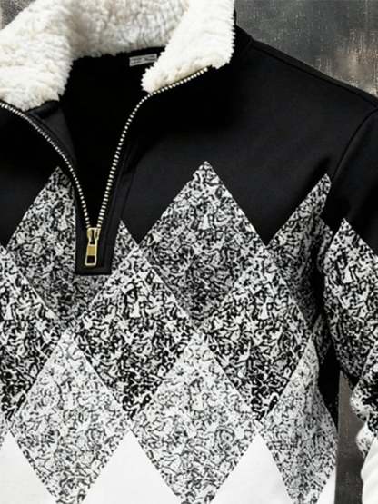 Men's Retro Color Block Print Fur Collar Sweatshirt