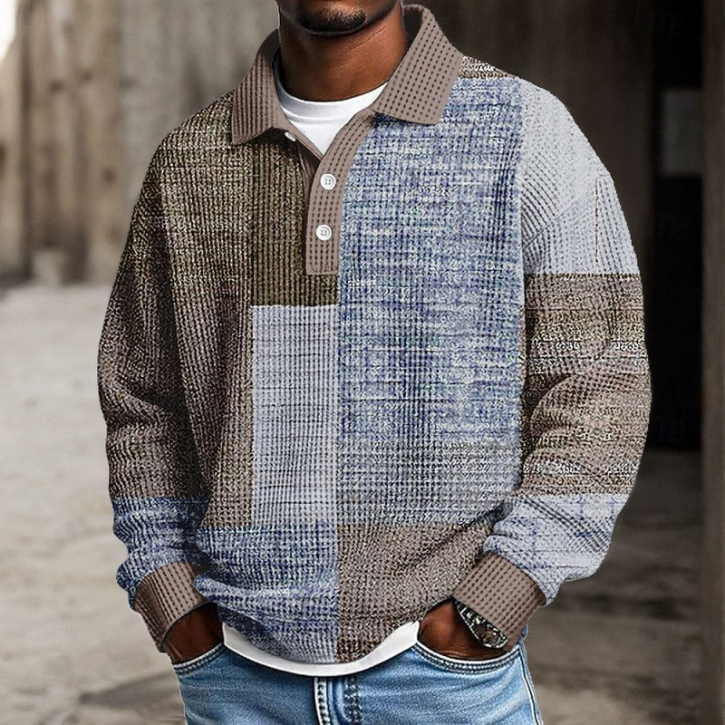 Men's Color Block Geometic Waffle Polo Shirts