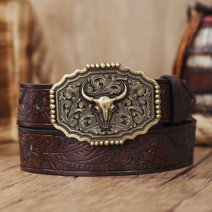 2025 Classic Retro Bull Head Men’s Western Denim Belt