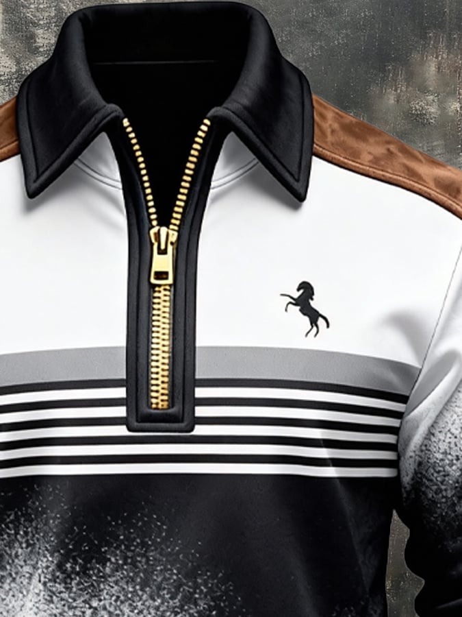 Men's Retro Color Block Print Zipper Sweatshirt