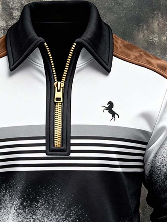 Men's Retro Color Block Print Zipper Sweatshirt