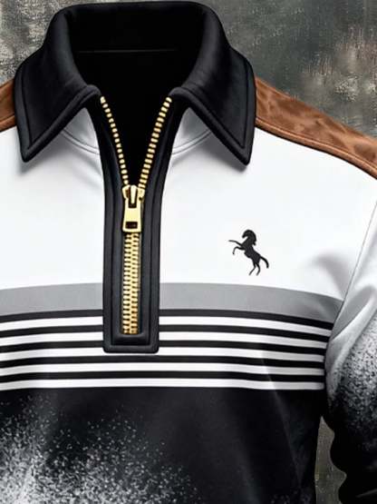 Men's Retro Color Block Print Zipper Sweatshirt